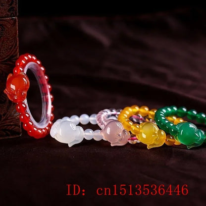 Customized Natural Pink Red Yellow Agate Chalcedony Jade Fox Elastic Bracelet Jewellery Hand-Carved Relax Healing Women Amulet