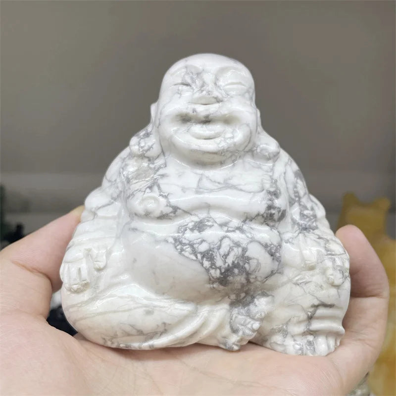 Natural Howlite Buddha Statue Healing Crystal Reiki Chakra Spiritual Hand Carved Stone Maitreya Figurine Crafts Home Lucky Decor