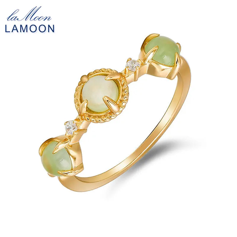 LAMOON Natrual Prehnite Ring For Women 925 Sterling Silver Gold Plated Fine Jewelry Vintage Palace Style Dropshipping