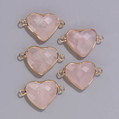 2PCS Rose Quartz Heart Stone Connector Natural Amethysts Strawberry Opal Double Hole Pendant For Jewelry Making DIY Bracelet