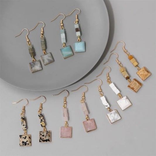 Trendy Square Stone Pendent Earring Natural Howlite Amazonite Quartzs Drop Dangle Earring Jewelry Gift For Women Girlfriend