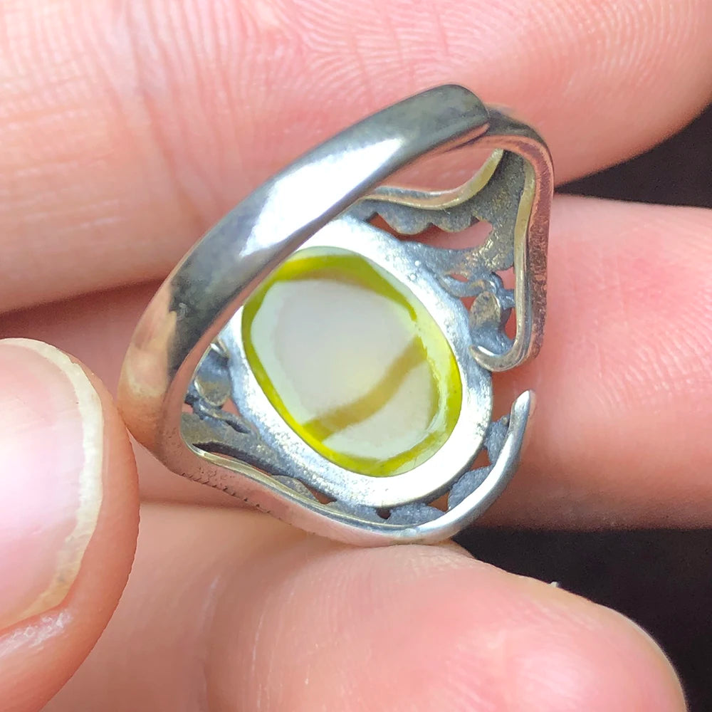 Natural yellow prehnite 925 sterling silver rings for women and man, Oval stone,Bone pattern statement jewelry