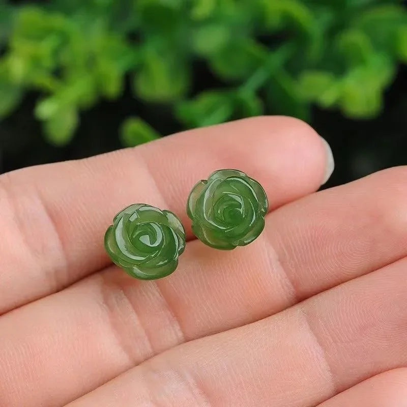 Pendientes de plata 925 con forma de rosa de jade verde natural, abalorios, joyería, accesorios de moda, amuleto tallado a mano para hombre y mujer, regalos