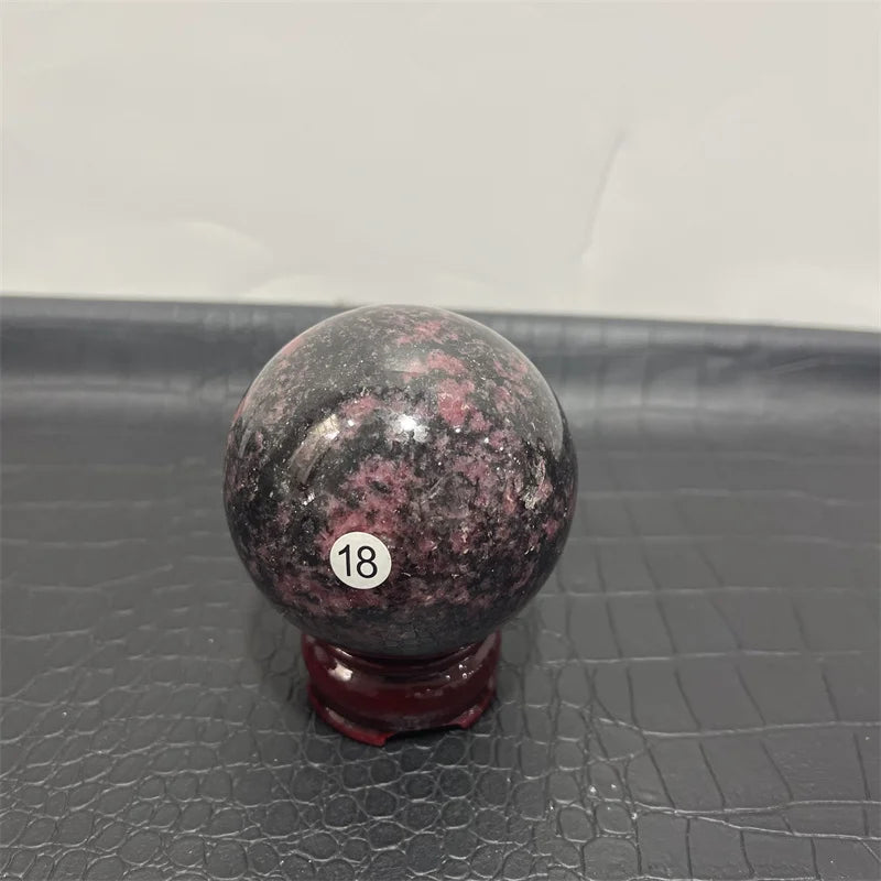 Natural Rhodochrosite Balls Sphere with Wood Base Plum Blossom Tourmaline Magic Crystals Stress Relief Feng Shui