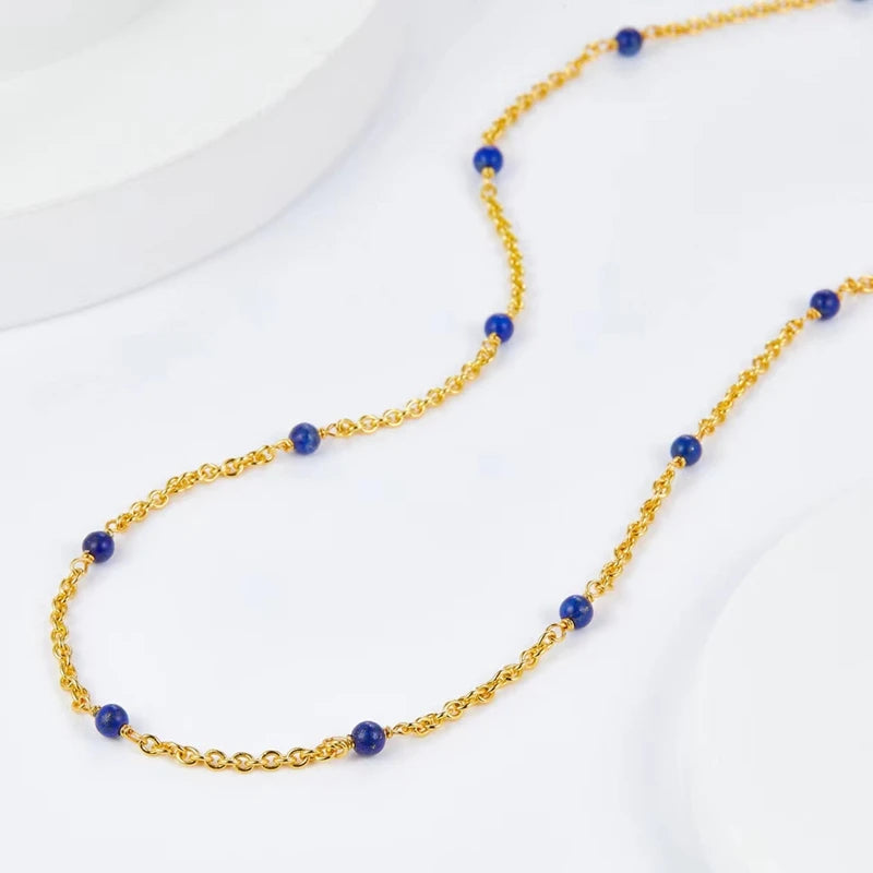 Sterling Silver Spaced Natural Lapis Lazuli Chain Necklace For Women Blue Stone Simple Chic Necklaces For Stack Multipurpose