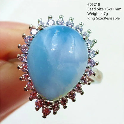 Natural Blue Larimar Gemstone Adjustable Ring Oval 925 Sterling Silver Dominica Women Water Pattern Larimar Ring AAAAAA