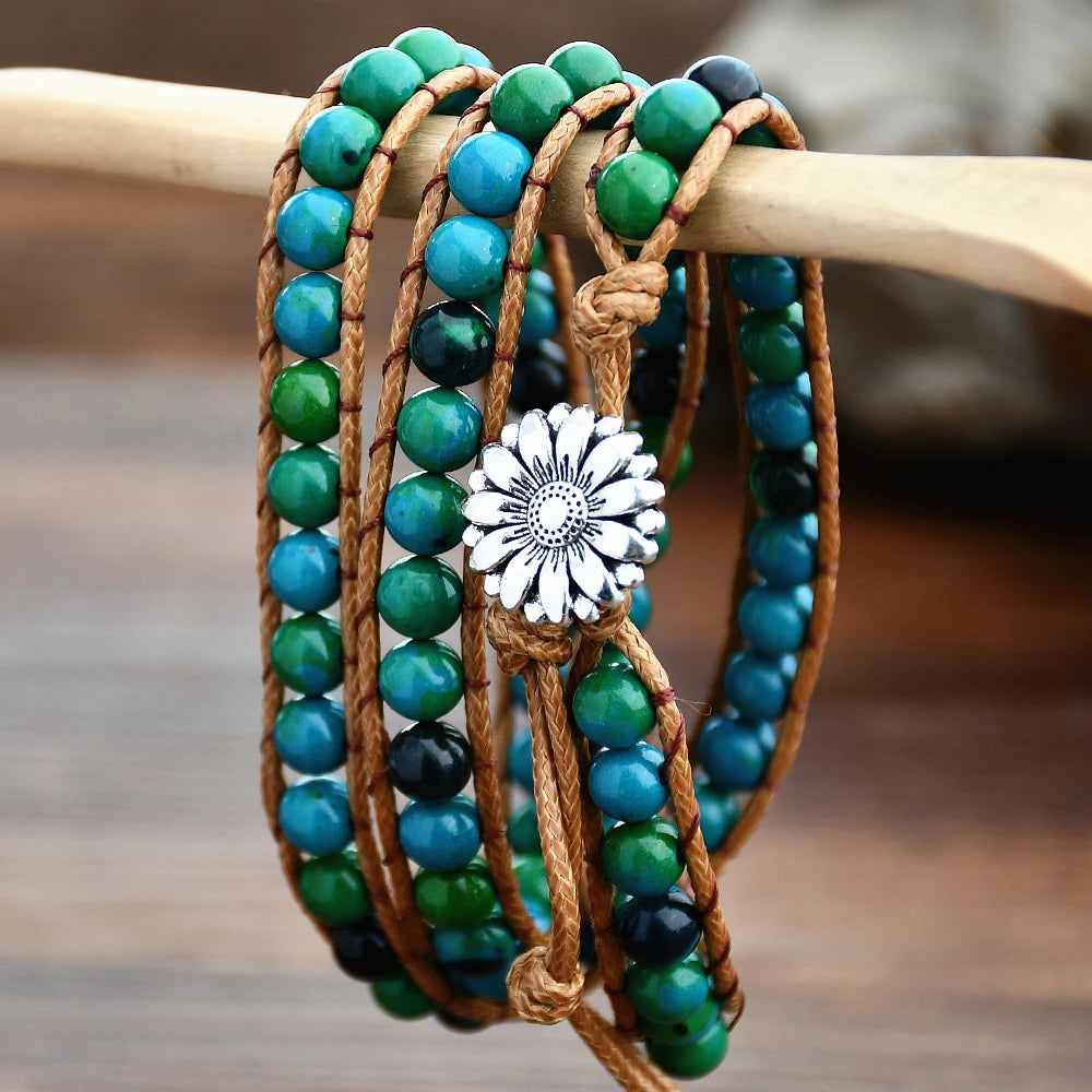 Natural Stone Leather Wrap Bracelet Women Fashion Green Chrysocolla Beaded 3-layers Adjustable Bohemian Long Bracelets