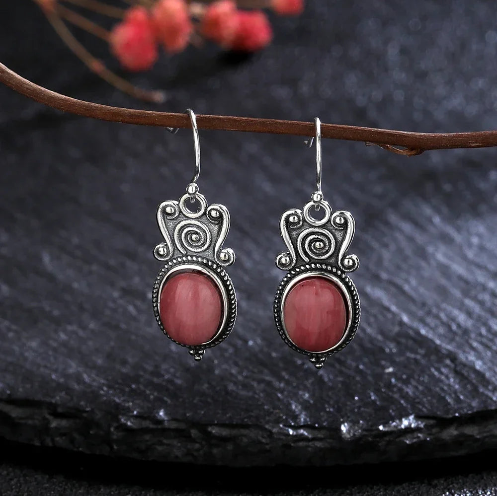 Natural Tiger's Eye Stone Drop Earrings 925 Sterling Silver Earrings for Women New Style Rhodochrosite Vintage Ear Jewelry