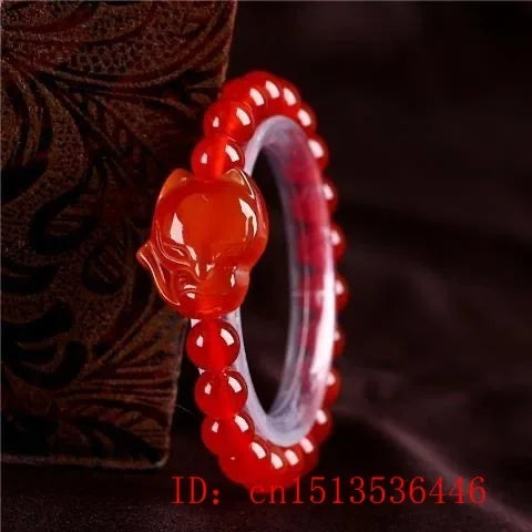 Customized Natural Pink Red Yellow Agate Chalcedony Jade Fox Elastic Bracelet Jewellery Hand-Carved Relax Healing Women Amulet