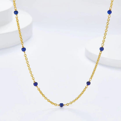 Sterling Silver Spaced Natural Lapis Lazuli Chain Necklace For Women Blue Stone Simple Chic Necklaces For Stack Multipurpose