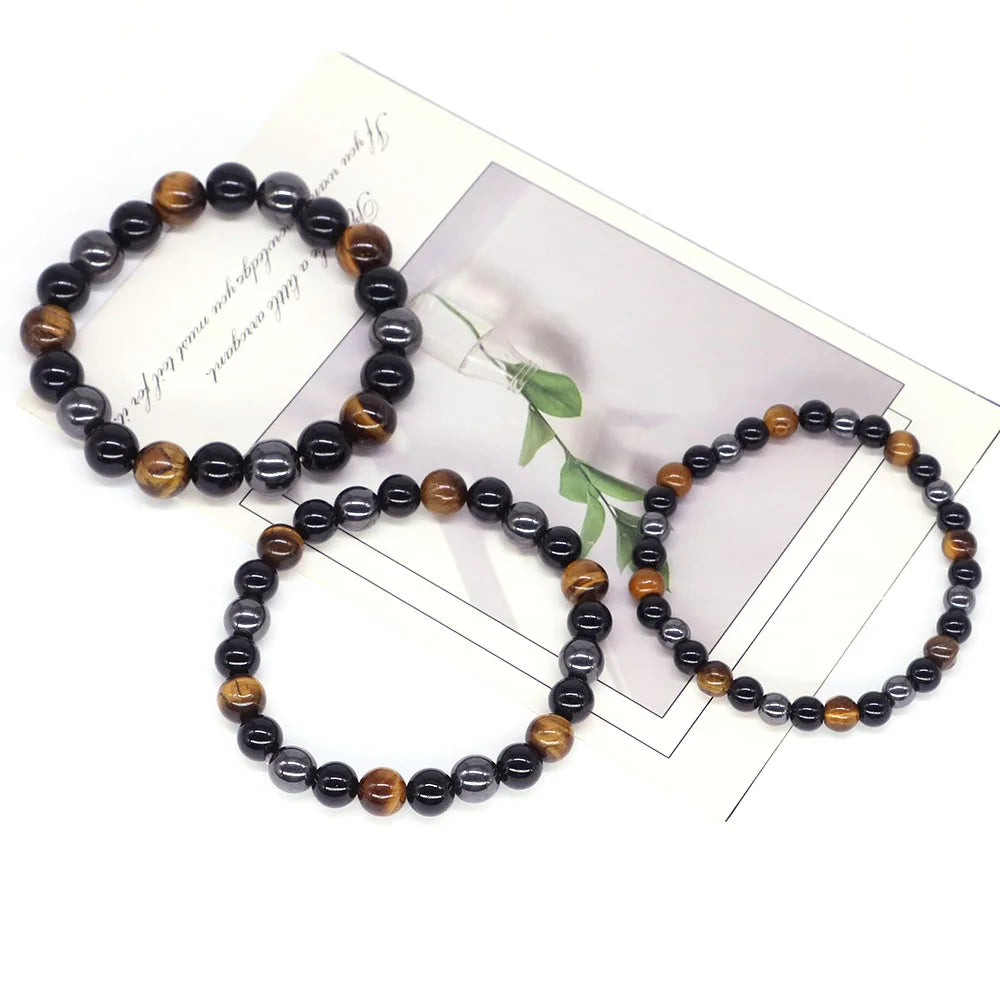 Triple Protection Bracelet for Bring Luck and Prosperity Natural Hematite Black Obsidian Tiger Eye Stone Bracelets for Men Women