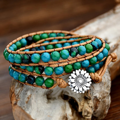 Natural Stone Leather Wrap Bracelet Women Fashion Green Chrysocolla Beaded 3-layers Adjustable Bohemian Long Bracelets