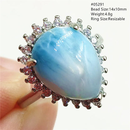 Natural Blue Larimar Gemstone Adjustable Ring Oval 925 Sterling Silver Dominica Women Water Pattern Larimar Ring AAAAAA