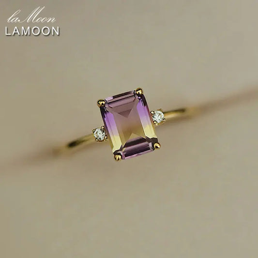 LAOOM Natural Ametrine Ring For Women Vintage Gemstone Rings Square Amethyst  925 Sterling Silver Gold Plated Fine Jewelry RI191