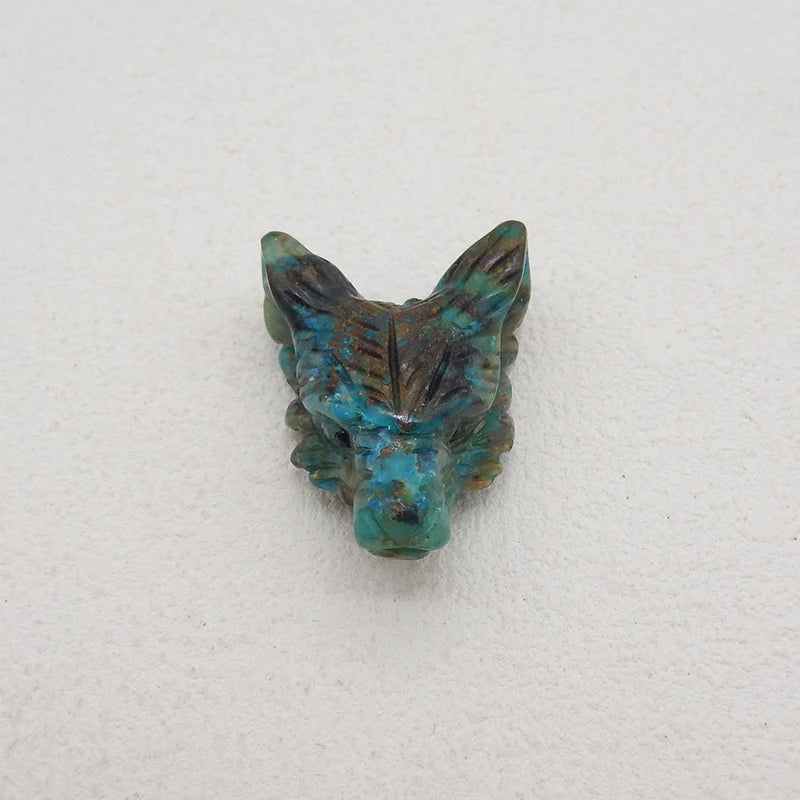 Pingente de cabeça de lobo esculpido à mão em pedra natural semipreciosa crisocola 35x26x4mm 12,9g acessórios para colar de joias da moda