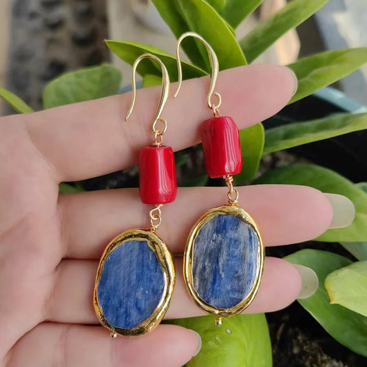 GG Natural Azul Kyanite Gold Edge Banhado Pedra Coral Vermelho Dangle Gancho Brincos Mulheres Jóias Presentes