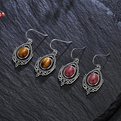 Pendientes de plata de ley 925 con piedra de rodocrosita natural de 8 x 10 mm, joyería de lujo, pendientes vintage de ojo de tigre para mujer, regalo