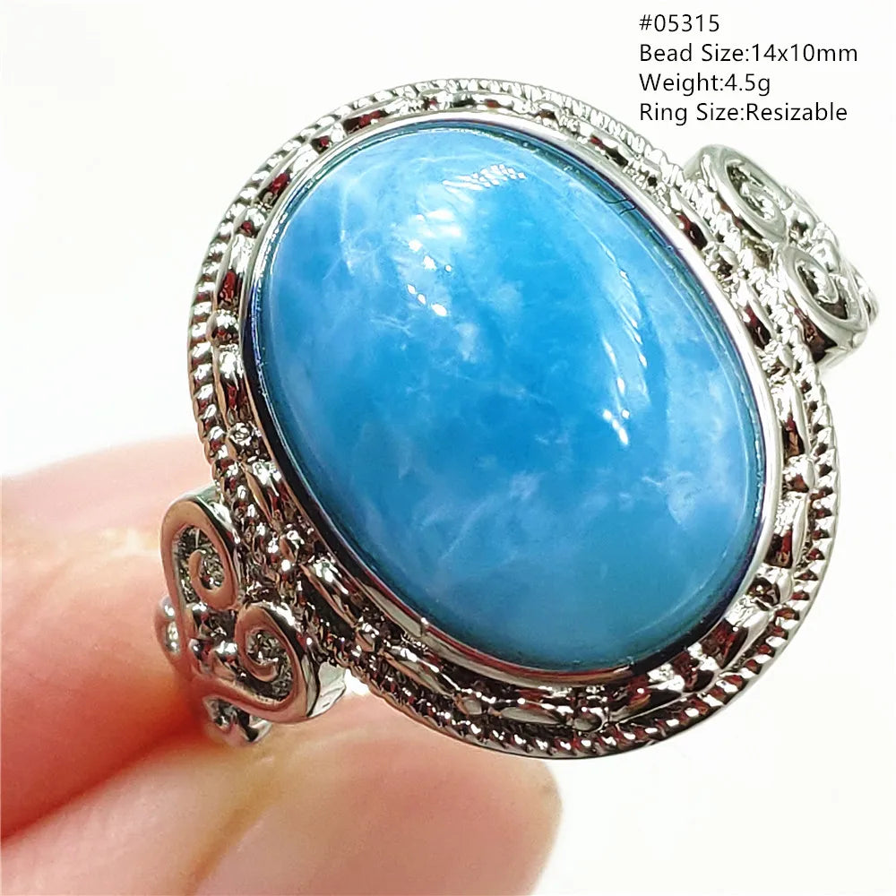 Natural Blue Larimar Gemstone Adjustable Ring Oval 925 Sterling Silver Dominica Women Water Pattern Larimar Ring AAAAAA