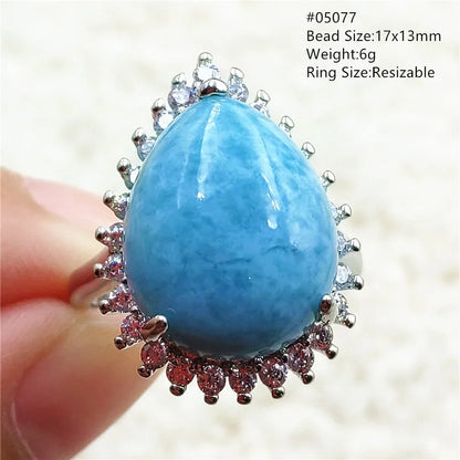 Natural Blue Larimar Gemstone Adjustable Ring Oval 925 Sterling Silver Dominica Women Water Pattern Larimar Ring AAAAAA