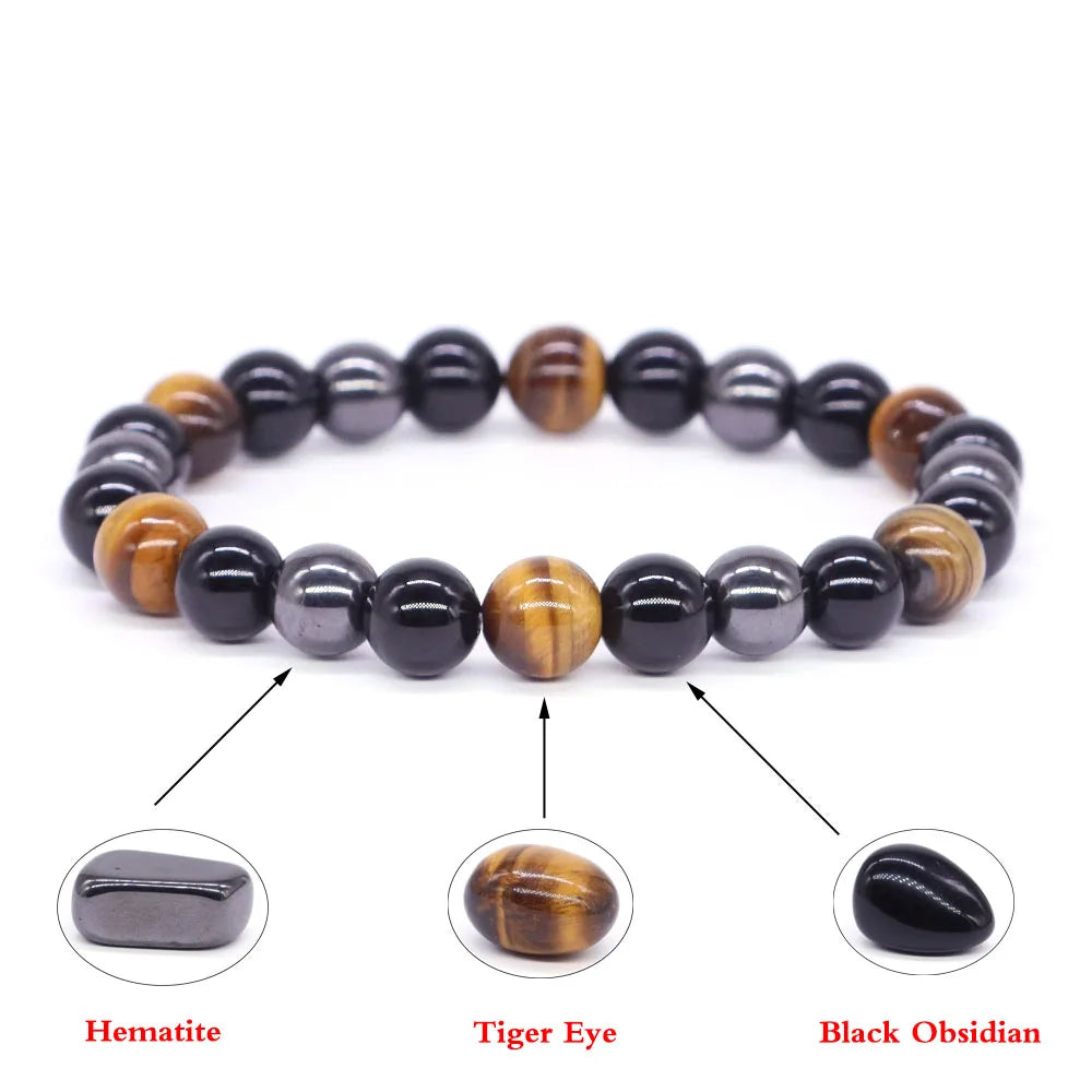 Triple Protection Bracelet for Bring Luck and Prosperity Natural Hematite Black Obsidian Tiger Eye Stone Bracelets for Men Women