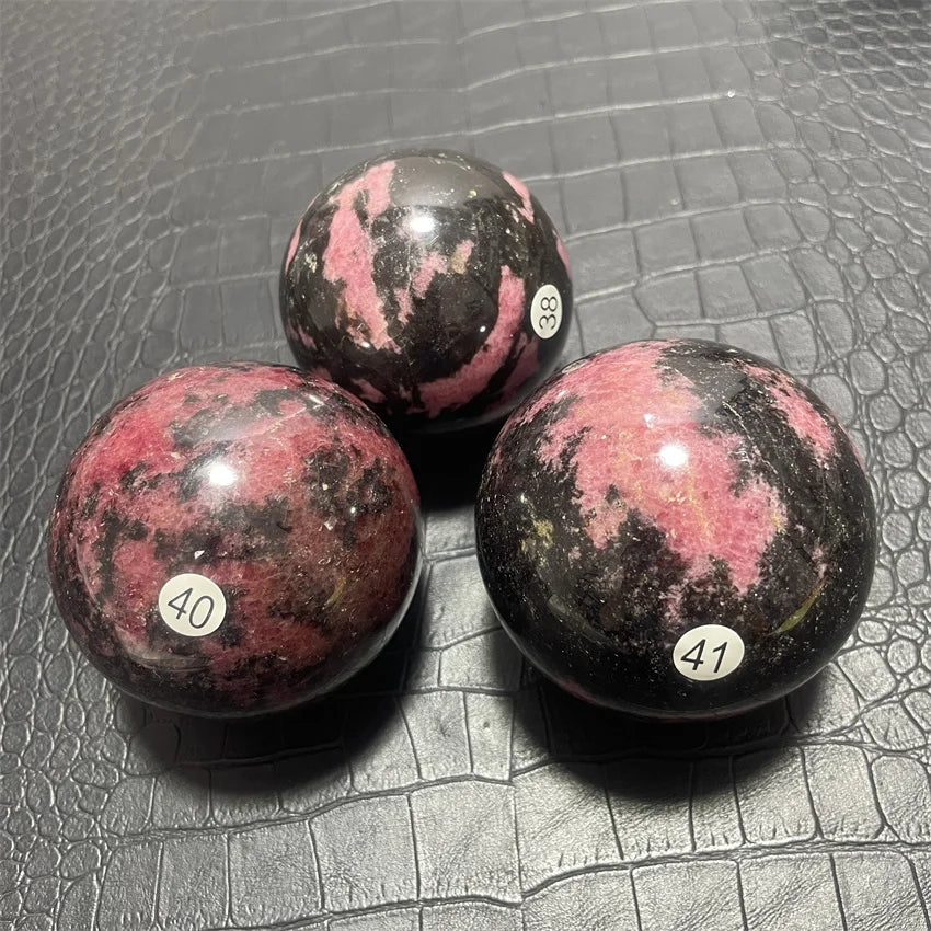 Natural Rhodochrosite Balls Sphere with Wood Base Plum Blossom Tourmaline Magic Crystals Stress Relief Feng Shui