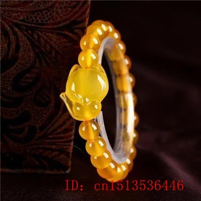 Customized Natural Pink Red Yellow Agate Chalcedony Jade Fox Elastic Bracelet Jewellery Hand-Carved Relax Healing Women Amulet