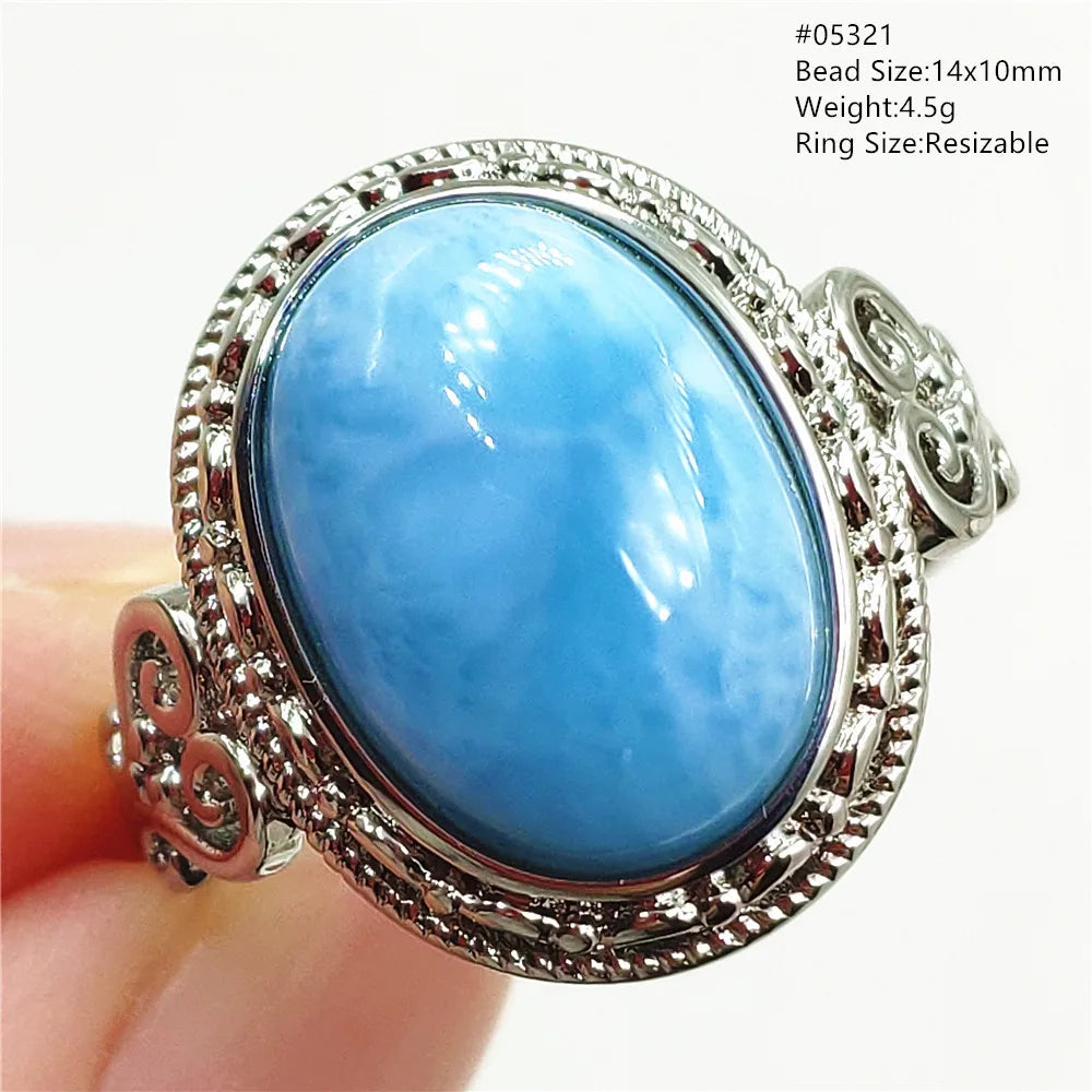 Natural Blue Larimar Gemstone Adjustable Ring Oval 925 Sterling Silver Dominica Women Water Pattern Larimar Ring AAAAAA