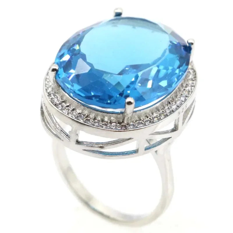 Compre 4 e leve 1 grátis 25x21mm SheCrown Unique Big Gemstone London Blue Topaz CZ Dating Silver Rings Vários tamanhos 6-11