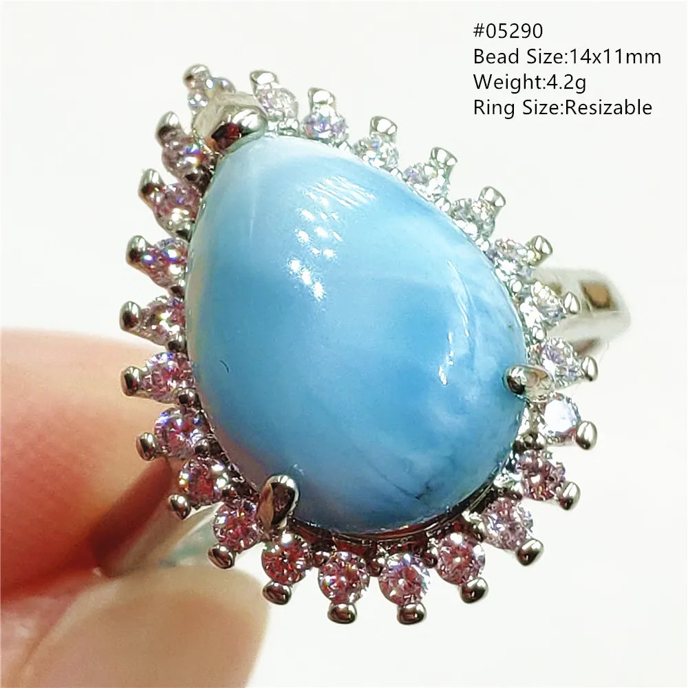 Natural Blue Larimar Gemstone Adjustable Ring Oval 925 Sterling Silver Dominica Women Water Pattern Larimar Ring AAAAAA