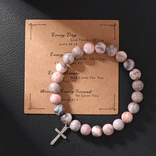 New Natural Pink Zebra Stone Bracelet Round Tiger Eye Hematite Beads Cross Pendant Bracelets with Card for Women Men Jewelry