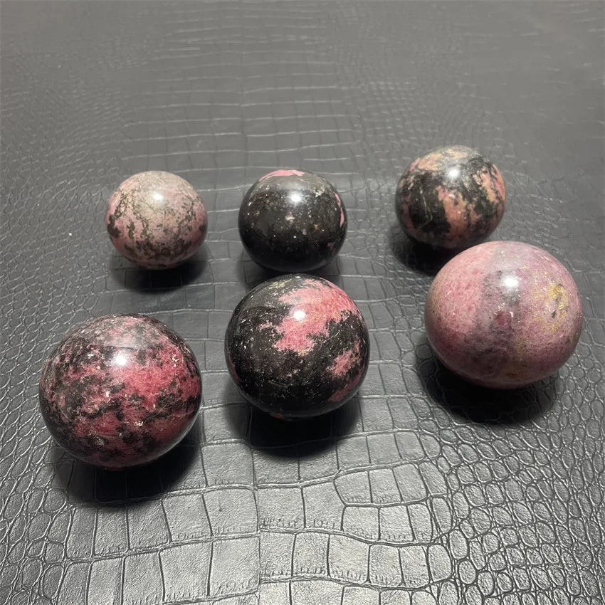 Natural Rhodochrosite Balls Sphere with Wood Base Plum Blossom Tourmaline Magic Crystals Stress Relief Feng Shui