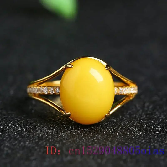 Yellow Amber Ring Fashion 925 Silver Charm Gemstone Zircon Women Gift Amulet Jewelry Natural Crystal