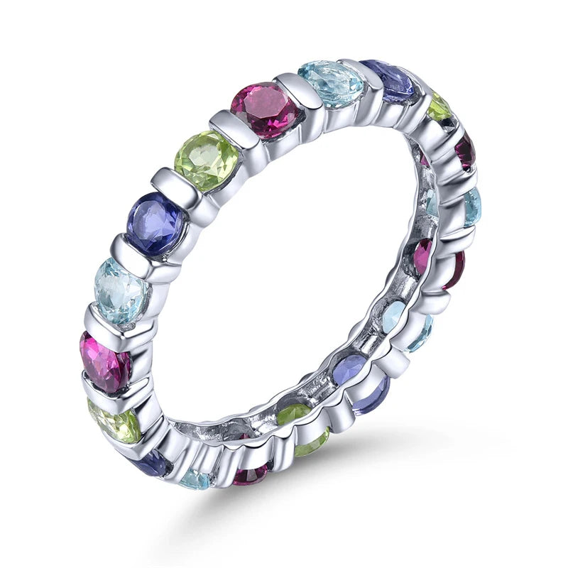 925 Sterling Silver Gemstone Eternity Ring for Women Gemstone Natural Rhodolite Garnet Lolite Topaz Ring for Women