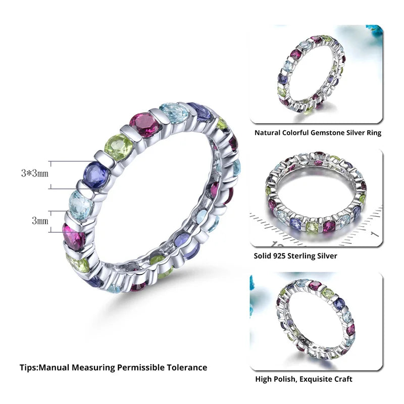 925 Sterling Silver Gemstone Eternity Ring for Women Gemstone Natural Rhodolite Garnet Lolite Topaz Ring for Women