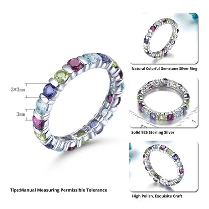 925 Sterling Silver Gemstone Eternity Ring for Women Gemstone Natural Rhodolite Garnet Lolite Topaz Ring for Women