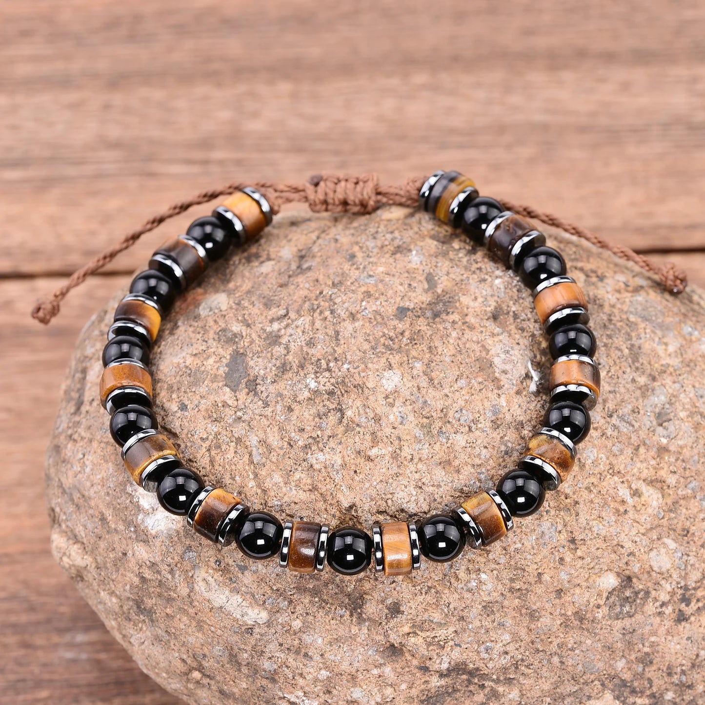 Triple Protection Bracelet Tiger eye Obsidian Hematite 6mm Beads Braided Brown Wax Rope Waterproofing Luck Crystals for Women