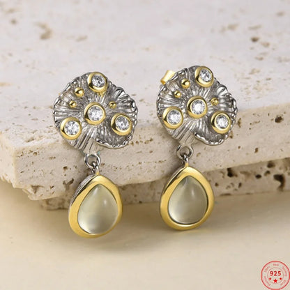 S925 Sterling Silver Studs Earrings for Women Contrast Colored Lotus Buds Waterdrop Shaped Prehnite Ear Studs Jewelry