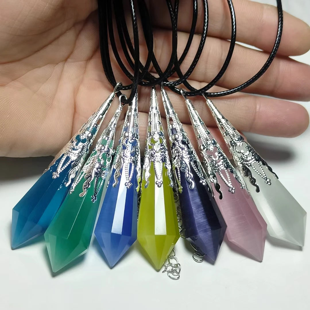 Pêndulos de pedra opala natural, coluna hexagonal, ponto de cristal, cor prata, pingentes de cristal de chakra, pêndulo de reiki, pêndulo de radiestesia