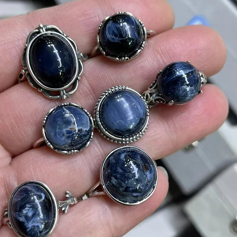 Anillos de dedo de una pieza de plata 925 con piedras preciosas de cristal de pietersita natural para regalo de joyería