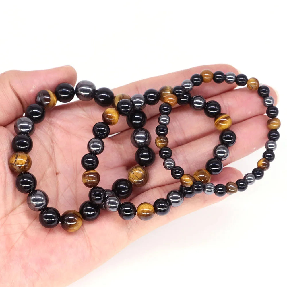 Triple Protection Bracelet for Bring Luck and Prosperity Natural Hematite Black Obsidian Tiger Eye Stone Bracelets for Men Women