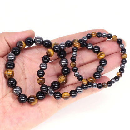 Triple Protection Bracelet for Bring Luck and Prosperity Natural Hematite Black Obsidian Tiger Eye Stone Bracelets for Men Women