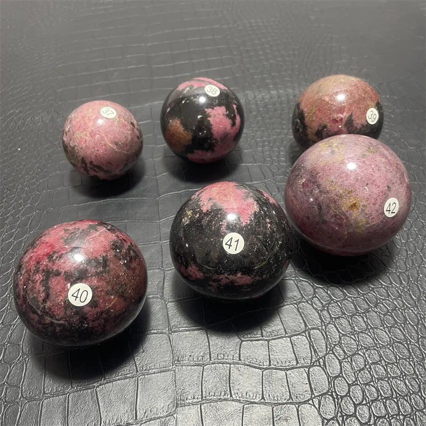 Natural Rhodochrosite Balls Sphere with Wood Base Plum Blossom Tourmaline Magic Crystals Stress Relief Feng Shui