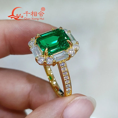 8*10MM green emerald   925 silver yellow gold plated emerald ring with whtie moissanite Wedding Engagement Party Gifts