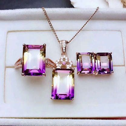 MeiBaPJ Natural Ametrine 925 Prata Esterlina Colar Brincos e Anéis Conjunto de Jóias para Mulheres Festa de Casamento Jóias Finas