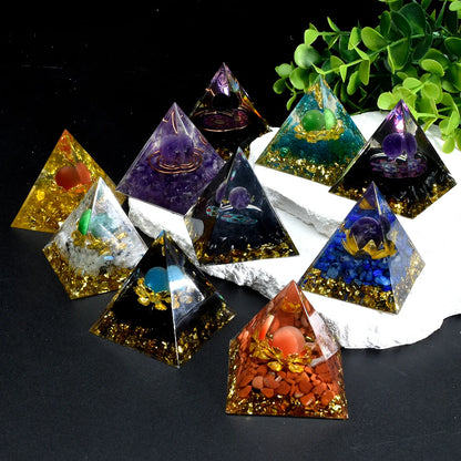 Natural Crystal Energy Generator Pyramid Peridot Amethyst Reiki Healing Crystal Chakra Resin Pyramid Meditation Tool Room Decor