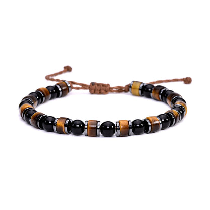 Triple Protection Bracelet Tiger eye Obsidian Hematite 6mm Beads Braided Brown Wax Rope Waterproofing Luck Crystals for Women