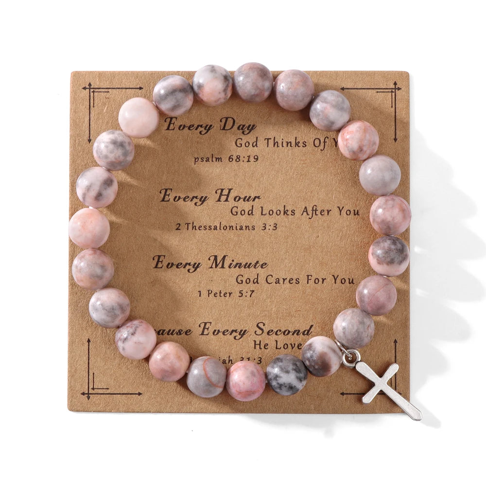 New Natural Pink Zebra Stone Bracelet Round Tiger Eye Hematite Beads Cross Pendant Bracelets with Card for Women Men Jewelry