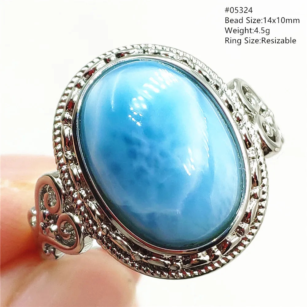 Natural Blue Larimar Gemstone Adjustable Ring Oval 925 Sterling Silver Dominica Women Water Pattern Larimar Ring AAAAAA