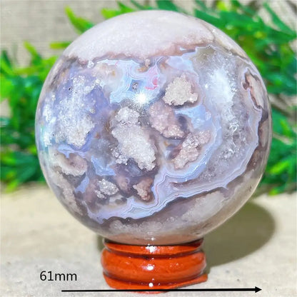 Esfera de Ágata de Flor Roxa Bola de Cristal Natural Drusa Mineral Pedras Preciosas Minerais Ornamentos Espirituais Decoração para Casa + Suporte