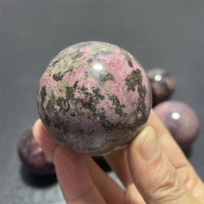 Natural Rhodochrosite Balls Sphere with Wood Base Plum Blossom Tourmaline Magic Crystals Stress Relief Feng Shui